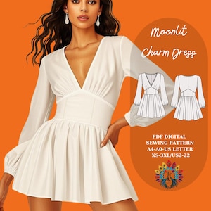 Patrón de costura en PDF para vestido con corsé / Vestido mini de manga larga / XS-3XL / A4/A0/Carta EE. UU. / Patrón digital para principiantes / Vestido de fiesta