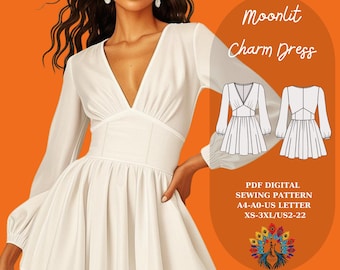 Patrón de costura en PDF para vestido con corsé / Minivestido de manga larga / Tallas XS-3XL / Formatos A4/A0/Carta estadounidense / Patrón digital ideal para principiantes / Vestido de fiesta