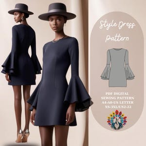 Style Dress - Women's PDF Sewing Pattern - Elegant Flared Sleeve Mini Dress -  A4/A0/US Letter, XS-3XL, Dıy Dressmaking - Easy Pattern