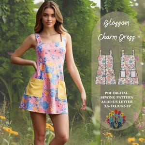 May include: A digital sewing pattern for a sleeveless dress with a square neckline and two patch pockets. The dress is printed with a pink, blue, and yellow floral pattern. The pattern is available in sizes XS-3XL and includes instructions for sewing in US letter size.
