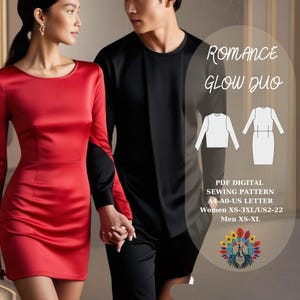 Patrón de costura para parejas en PDF: vestido ajustado y blusa para hombre, tamaño A4/A0/carta de EE. UU., tallas XS a 3XL, atuendo para San Valentín, patrón de costura fácil para vestido y blusa