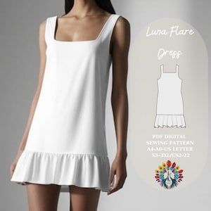Luna Flare Dress Sewing Pattern PDF | Sleeveless Ruffle Hem Mini Dress with Square Neckline | Easy Summer Dress Pattern | XS-3XL