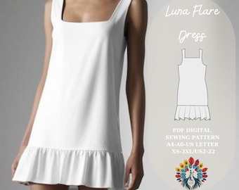 Luna Flare Dress Sewing Pattern | Square Neck Mini, Ruffle Hem (PDF Download)