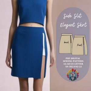 Patrón de costura de falda elegante con abertura lateral - Descarga digital en PDF (A4, A0, Carta de EE. UU.) - Tallas XS a 3XL
