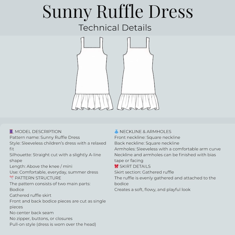 Sunny Ruffle Dress PDF Sewing Pattern | Girl's Ruffle Hem Dress | Sizes 1-12Y | A4 A0 US Letter | Easy Summer Dress | Girl's Pattern image 3