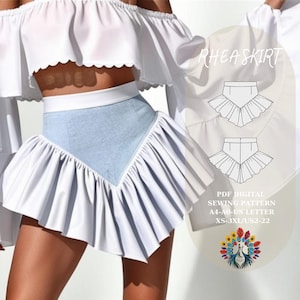 Falda Rhea / Patrón de falda fácil / Patrón de costura en PDF de minifalda con volantes Y2K - Descarga instantánea / A4 A0 Carta EE. UU. / XS-3XL / EE. UU. 2-22