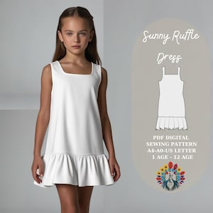 Patrón de costura en PDF para vestido con volantes Sunny / Vestido con dobladillo con volantes para niña / Tallas 1-12 años / A4 A0 Carta EE. UU. / Vestido de verano fácil / Patrón para niña