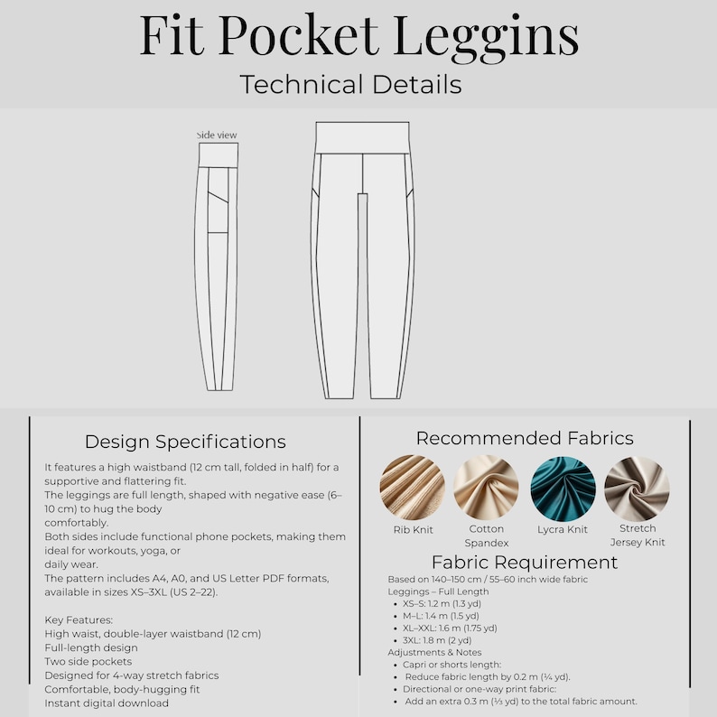 Patrón de costura para leggings FitPocket / Leggings largos con bolsillo lateral / Patrón de ropa deportiva de cintura alta / Patrón PDF de tejido elástico (tallas XS-3XL) imagen 2