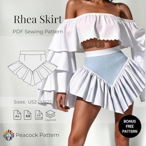 Falda Rhea / Patrón de falda fácil / Patrón de costura en PDF de minifalda con volantes Y2K - Descarga instantánea / A4 A0 Carta EE. UU. / XS-3XL / EE. UU. 2-22