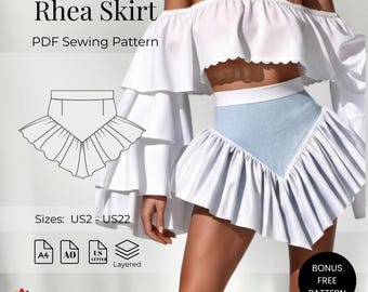 Rhea Skirt | Easy Skirt Pattern | Y2K Coquette Ruffle Mini Skirt PDF Sewing Pattern – Instant Download | A4 A0 US Letter | XS-3XL / US2-22