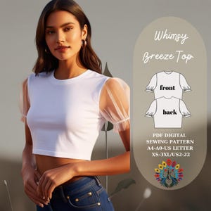 Patrón de costura minimalista, patrón de costura en PDF de Whimsy Breeze Top / Patrón digital / Top corto con mangas abullonadas / Tamaño A4 A0 Carta EE. UU. / XS-3XL EE. UU. 2-EE. UU. 22