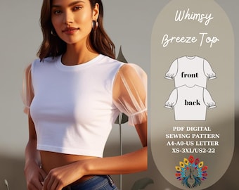 Puff Sleeve Crop Top Sewing Pattern, Tulle Sleeves (PDF Pattern)