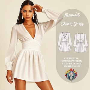 May include: A white dress with long sleeves and a V-neck. The dress features a wrap-style waist and a flared skirt. The image also includes a diagram of the dress and the text "Moonlit Charm Dress" and "PDF DIGITAL SEWING PATTERN A4-A0-US LETTER XS-3XL/US2-22".