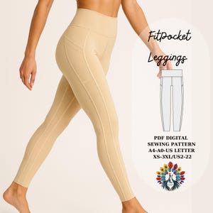 Puede incluir: Leggings de color beige con bolsillos laterales. La imagen tambi&eacute;n incluye un patr&oacute;n de costura digital PDF para los leggings, con el texto "FitPocket Leggings" y detalles de tallas: XS-3XL/US2-22.