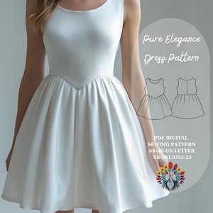 Könnte beinhalten: Ein ärmelloses weißes Kleid mit einem figurbetonten Oberteil und einem ausgestellten Rock. Das Kleid hat einen runden Ausschnitt und eine V-förmige Taille. Das Bild enthält auch eine Grafik mit dem Text "Pure Elegance Dress Pattern" und "PDF Digital Sewing Pattern".