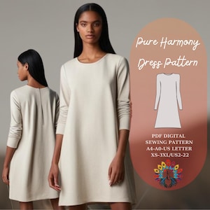 Könnte beinhalten: Ein digitales Schnittmuster für ein einfaches, locker sitzendes Kleid. Das Schnittmuster ist in den Größen XS-3XL erhältlich und enthält Anleitungen zum Nähen des Kleides. Das Schnittmuster heißt "Pure Harmony Dress Pattern".