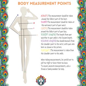 May include: Diagram illustrating body measurement points for clothing. The image shows a stylized figure with lines indicating bust, waist, hips, skirt length, sleeve length, and height. Text provides instructions for taking measurements accurately.