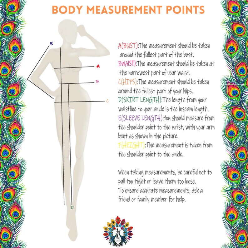 May include: Diagram illustrating body measurement points for clothing. The image shows a stylized figure with lines indicating bust, waist, hips, skirt length, sleeve length, and height. Text provides instructions for taking measurements accurately.