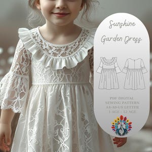 Patrón de costura para vestido Sunshine Garden / Vestido de encaje de verano Coquette / Vestido con volantes para niñas (PDF) / 1-12 años / Tamaño A4 A0 (carta EE. UU.) / Vestido para bebé estilo cottagecore