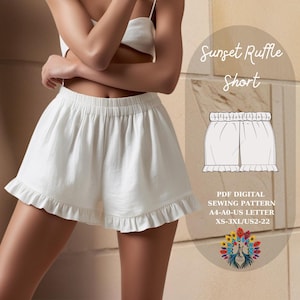 Sunset Ruffle Shorts Sewing Pattern | Digital Download | XS-3XL | A4, A0, US Letter | Easy Summer Shorts Pattern | Mini Ruffle Beach Short
