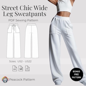 Pantalones deportivos de pierna ancha con estilo urbano / Pantalones de estar por casa de cintura alta / Joggers de forro polar cómodos / Ropa informal minimalista / Ropa de estar por casa para mujer / Patrón en PDF