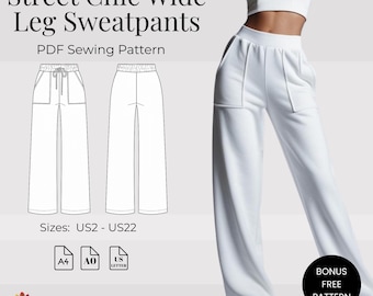 Pantalones deportivos de pierna ancha con estilo urbano / Pantalones de estar por casa de cintura alta / Joggers de forro polar cómodos / Ropa informal minimalista / Ropa de estar por casa para mujer / Patrón en PDF