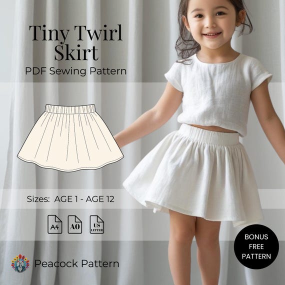 Girls Skirt Sewing Pattern PDF | Easy Twirl Skirt Pattern | Digital Download | Toddler to Kids Skirt Pattern 1-12 Years | Summer Skirt Model