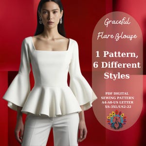 Patrón PDF de blusa acampanada elegante / Descarga instantánea / Instrucciones paso a paso y patrón de leggings extra / Blusa acampanada DIY para mujer / Tallas XS-3XL