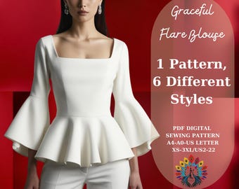 Patrón PDF de blusa acampanada elegante / Descarga instantánea / Instrucciones paso a paso y patrón de leggings extra / Blusa acampanada DIY para mujer / Tallas XS-3XL