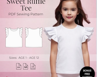 Patrón de costura para camiseta infantil con mangas con volantes / Ideal para principiantes (patrón en PDF)