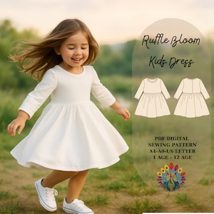 Könnte beinhalten: Ein junges Mädchen in einem weißen Kleid mit langen Ärmeln und weißen Turnschuhen rennt auf einer Wiese. Das Kleid hat einen runden Ausschnitt und einen ausgestellten Rock. Der Text auf dem Bild lautet "Ruffle Bloom Kids Dress" und "PDF Digital Sewing Pattern".