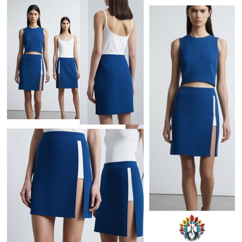 May include: A cobalt blue skirt with a high slit and a white accent panel. The skirt is paired with a matching sleeveless crop top. The outfit is a modern take on a classic design, suitable for various occasions.