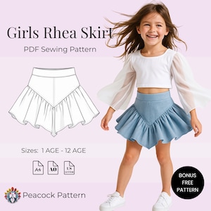May include: A digital sewing pattern for a Girls Rhea Skirt. The image shows a sketch of the skirt and a young girl wearing a blue skirt with a white top. The text on the image says "Girls Rhea Skirt" and "PDF Sewing Pattern". Sizes available are 1 AGE - 12 AGE.