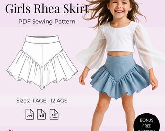 Patrón de costura para falda con volantes de niña / Cintura en V, edades de 1 a 12 años (patrón en PDF + patrón de leggings de regalo)