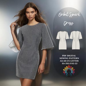 Może przedstawiać: Cyfrowy wzór szycia na sukienkę o nazwie "Orbit Spark Dress". Wzór dostępny jest w rozmiarach XS-3XL i jest przeznaczony do papieru A4-A0.