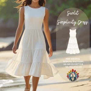 Può includere: Abito bianco senza maniche con gonna a balze. L'immagine mostra un modello di cucito digitale PDF etichettato "Sunlit Simplicity Dress". Il modello include taglie XS-3XL e US 2-22.