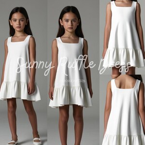 May include: White sleeveless dress with a square neckline and a ruffle trim at the hem. The dress is shown on a young girl.