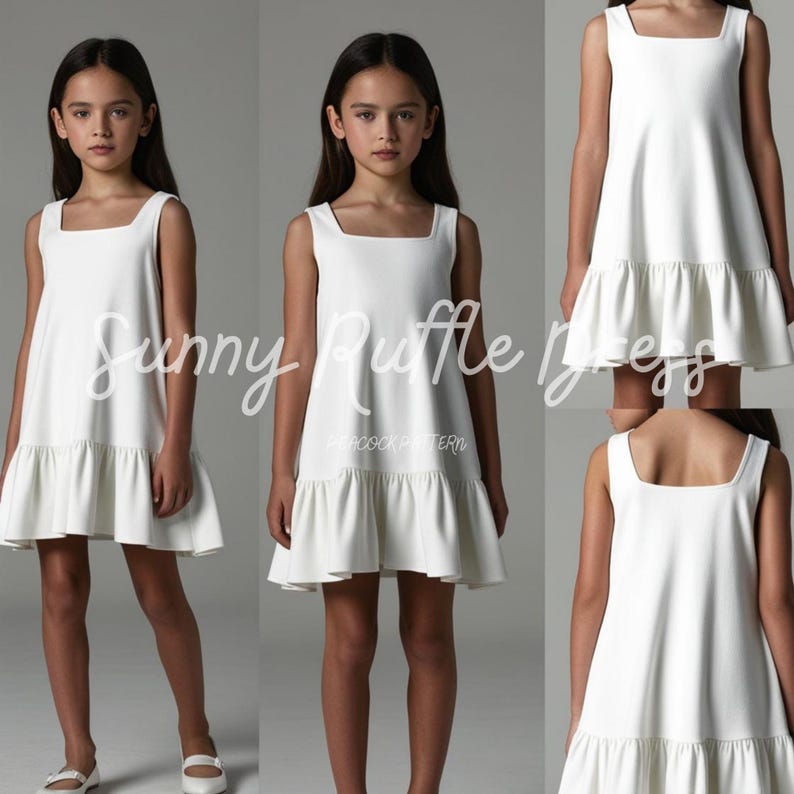 May include: White sleeveless dress with a square neckline and a ruffle trim at the hem. The dress is shown on a young girl.
