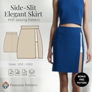 May include: A navy blue side-slit skirt with a white accent, shown on a model. The image also features a sketch of a beige skirt with a side slit, and the text "Side-Slit Elegant Skirt PDF Sewing Pattern". Sizes US2-US22 are listed.