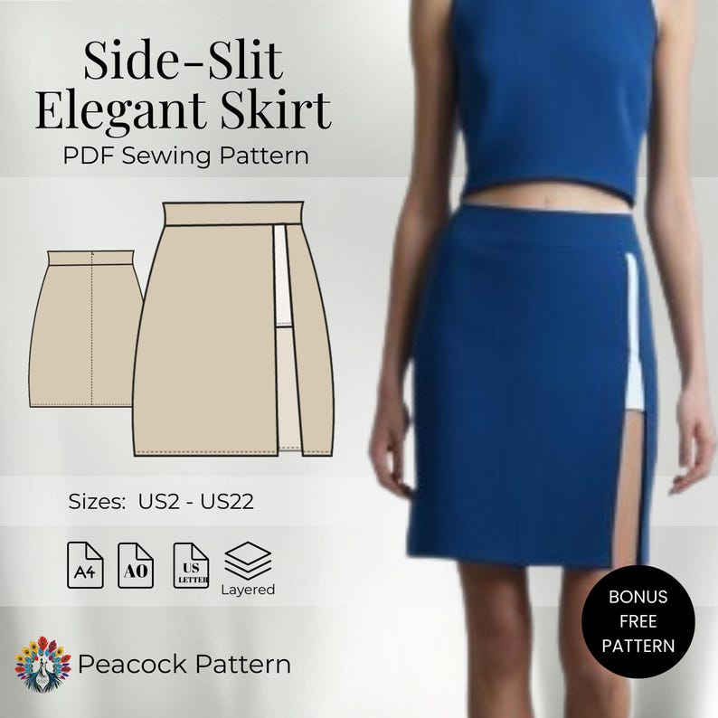 May include: A navy blue side-slit skirt with a white accent, shown on a model. The image also features a sketch of a beige skirt with a side slit, and the text "Side-Slit Elegant Skirt PDF Sewing Pattern". Sizes US2-US22 are listed.