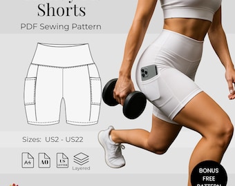 Patrón de costura en PDF para shorts de corte moderno / Shorts de ciclismo de cintura alta con bolsillos / Descarga digital de ropa deportiva / Patrón en capas XS–3XL / Leggings DIY
