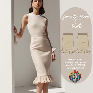 Può includere: Un cartamodello digitale per una gonna chiamata "Serenity Flow Skirt". Il cartamodello include istruzioni per la parte anteriore e posteriore della gonna. Il cartamodello è disponibile nelle taglie XS-3XL ed è stampato su carta A4-A0-US letter.
