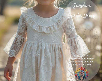 Vestido Sunshine Garden / Patrón de costura de vestido de encaje de verano Coquette / Vestido con volantes para niñas en PDF / 1-12 años / A4 A0 Carta estadounidense / Vestido de bebé estilo cottagecore