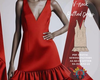 Ruffled V-Neck Mini Dress Sewing Pattern – Party Dress (PDF)