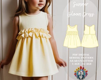 Vestido Summer Bloom / Patrón de costura en PDF para vestido de bebé niña / Patrón de vestido con volantes / Vestido de verano para niña pequeña / Vestido de corte A / Tallas 1-12 /