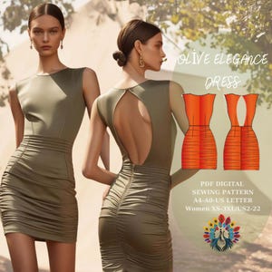Patrón de costura en PDF - Patrón de costura de vestido fácil - Vestido elegante fruncido / Diseño verde oliva - Formatos A4/A0/US Letter - Patrón de vestido de mujer