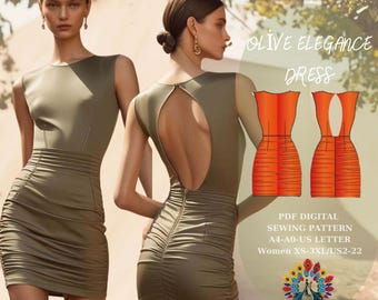 Patrón de costura en PDF - Patrón de costura de vestido fácil - Vestido elegante fruncido / Diseño verde oliva - Formatos A4/A0/US Letter - Patrón de vestido de mujer