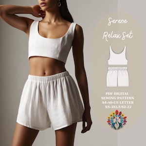 Conjunto Serene Relax - Patrón de costura en PDF / Top corto y pantalones cortos para estar en casa / A4, A0, Carta (EE. UU.) / XS-3XL / Conjunto de verano / Patrón para principiantes