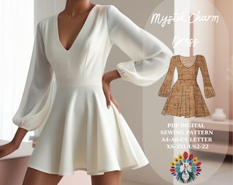 Patrón de costura para vestido entallado y con vuelo – Manga larga y escote en V (Patrón en PDF)