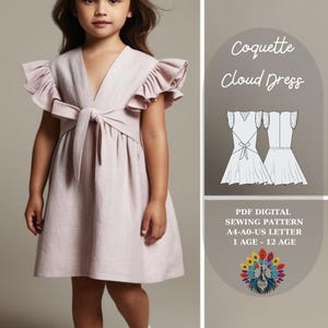 Patrón de vestido de nube con coqueta / Vestido de niña con mangas con volantes / Tallas 1-12 años / A0 A4 Carta EE. UU. / Estilo de costura de coqueta desordenada / De niña pequeña a preadolescente